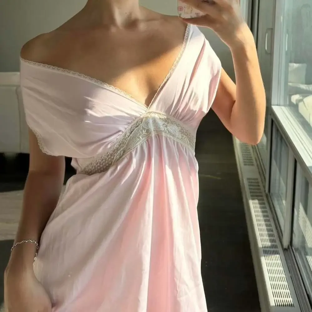 Vintage Baby Pink Lace Trim Maxi Dress - Fairycore Ballet Style - Picture 3 of 8